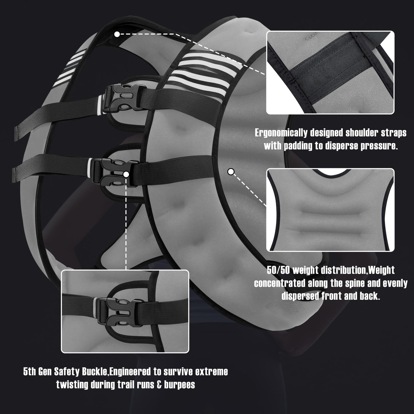 NATURELUX Weighted Vest with Reflective Stripe and Adjustable Buckle Straps, Grey, 30 lbs
