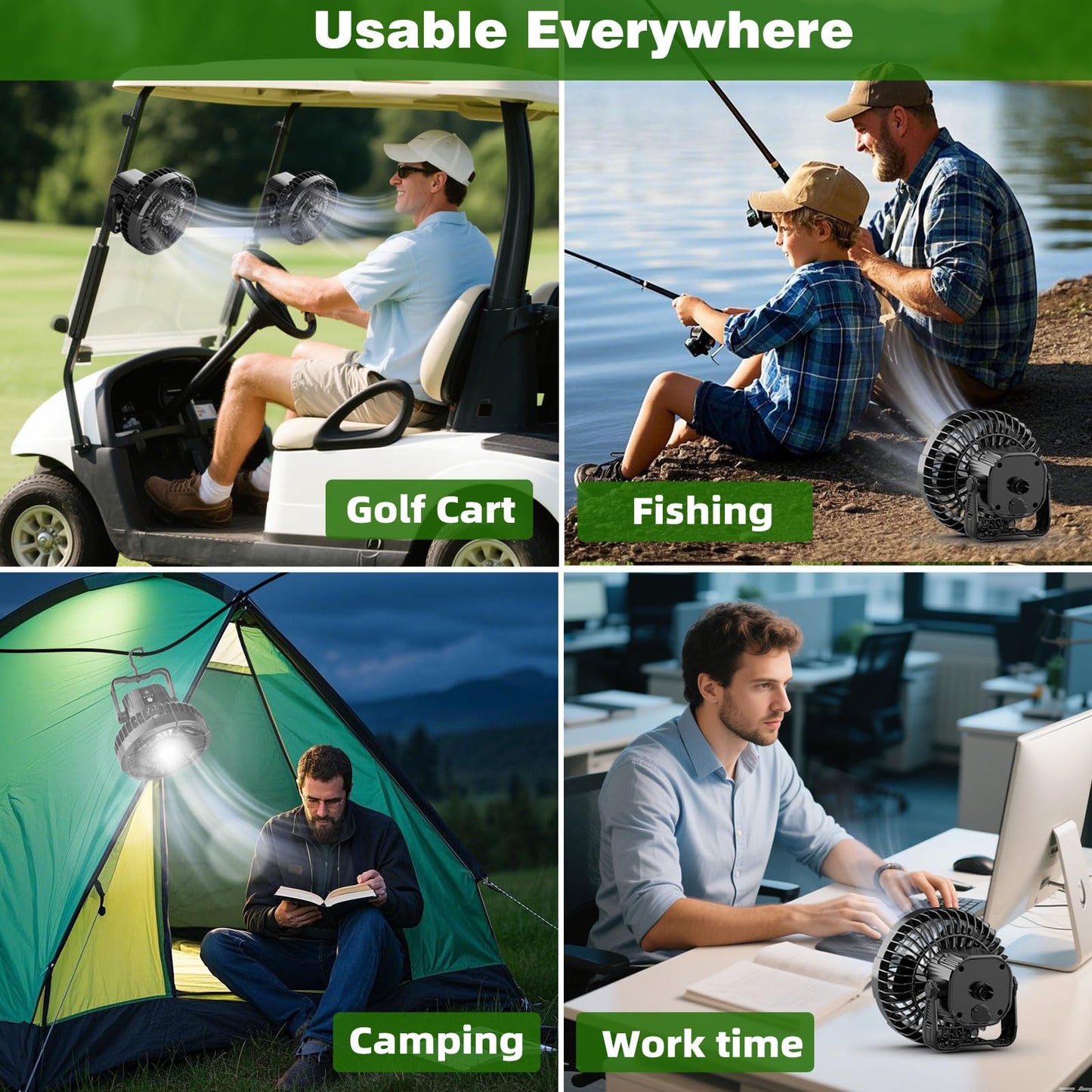 Roykaw Golf Cart Fan 10400 mAh Rechargeable Battery Powered, 24 Hrs Work Portable Fan with LED Light for Nighttime Drive, Cordless Remote Control, Compatible with EZGO Club Car Yamaha, 2PCS