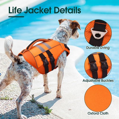 Kuoser Dog Life Jacket - High Flotation Safety Vest for Swimming & Boating | Reflective Orange, Large