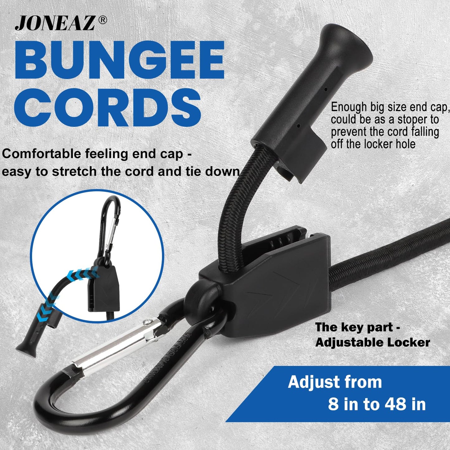 Joneaz 8 Pcs 48 inch Bungee Cords with Hooks Adjustable Heavy Duty Black, UV Resistant Shock Strap with Carabiner Style Clips,4 Spare Parts Offered