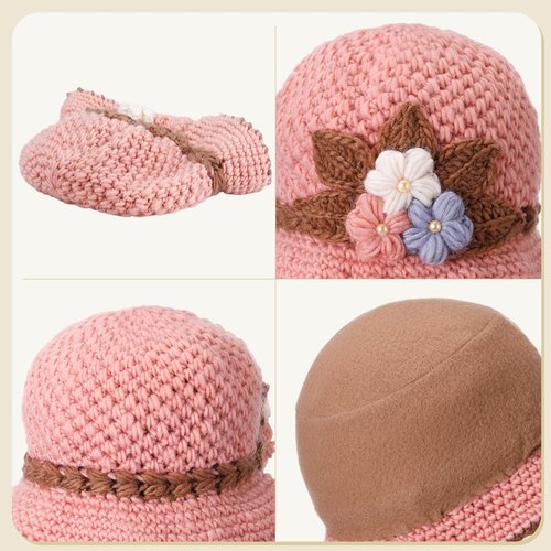 Chicingyou 2 Pack French Thicken Women's Flower Knitted Woolen Hat Winter Warm Windproof Crochet Bucket Beanie for Women Pink and Black