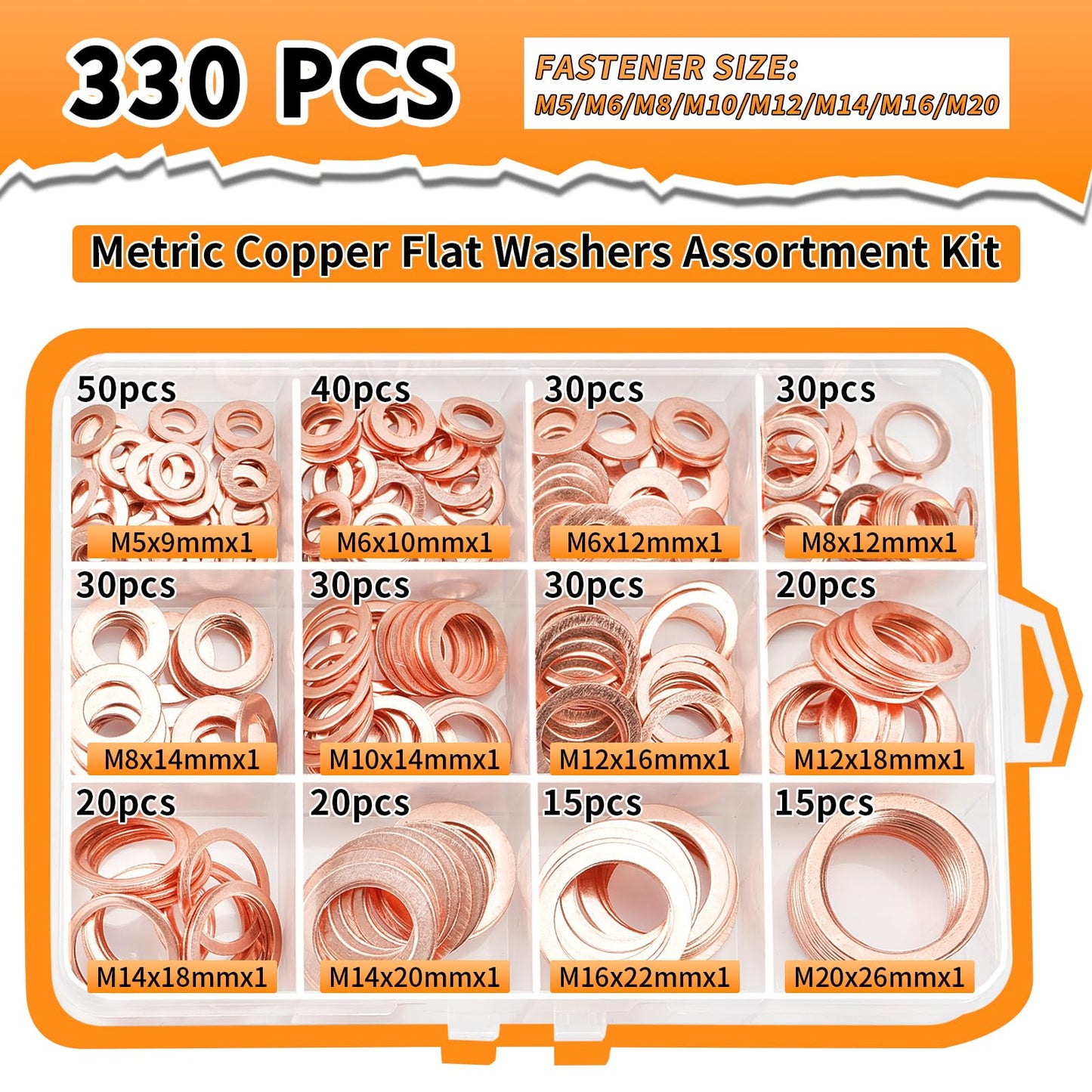330 Pcs Copper Washers Assortment Kit – 12 Sizes Flat Sealing Crush Washers (M5-M20) for Automotive, Plumbing, and Mechanical Use