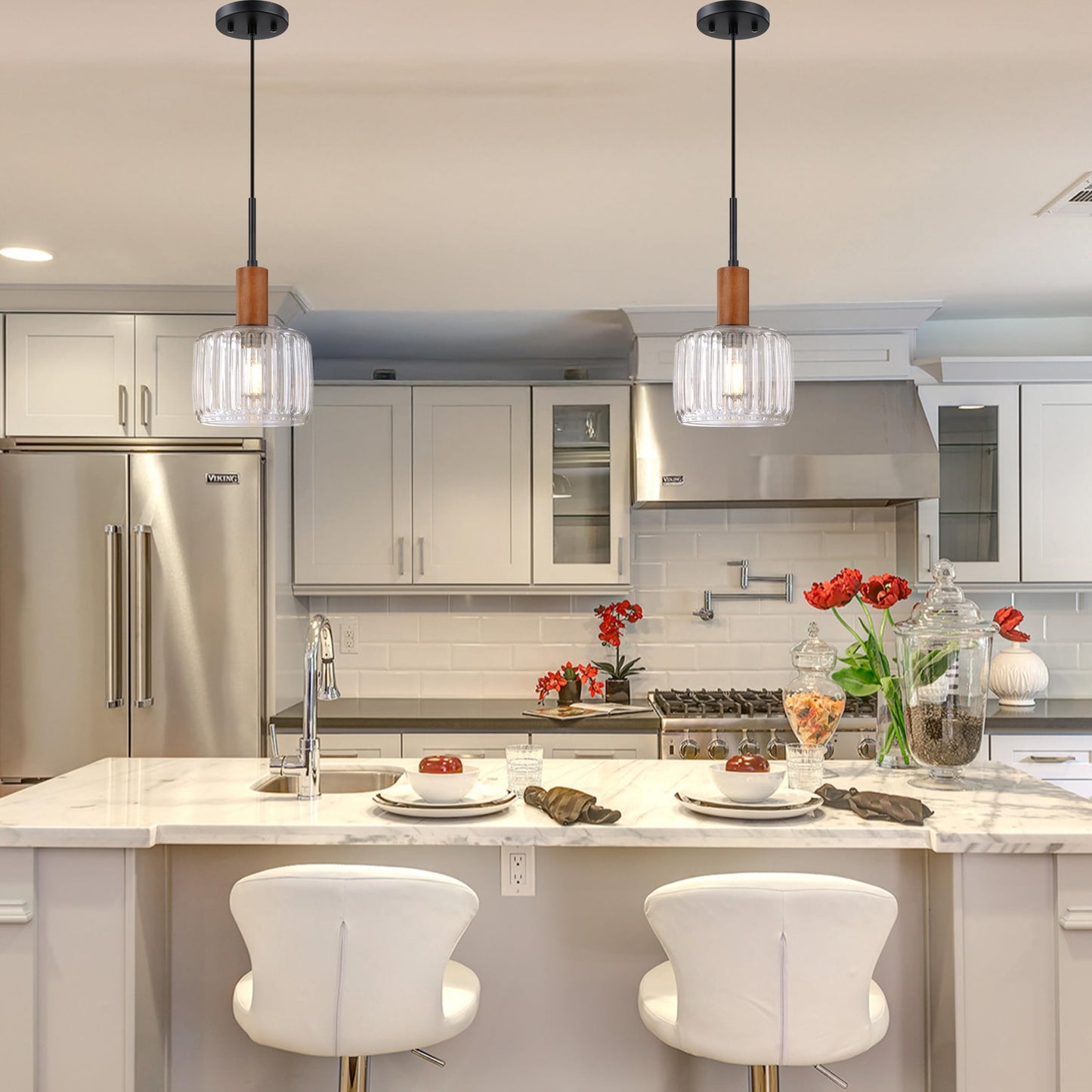 2 Pack 1 Light Industrial Modern Farmhouse Hanging Kitchen Island Pendant Ceiling Light Fixtures,Natural Wood 7.2" Clear Textured Glass Black Finish Over Sink Restaurant bar Corridor