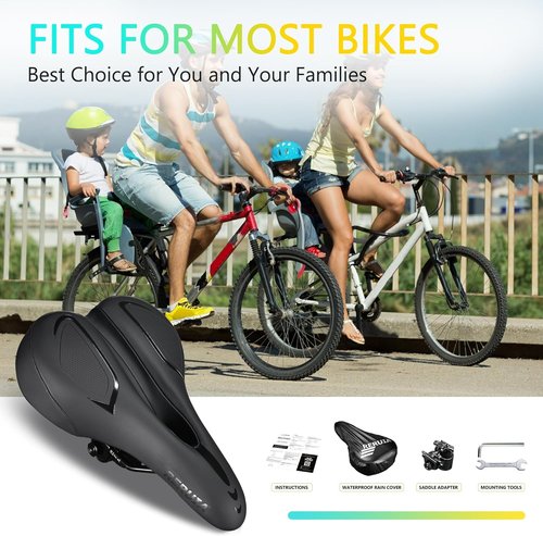 Large Comfortable Bike Seat | Wide Saddle with Shock Absorption & Memory Foam - Waterproof Leather Cover