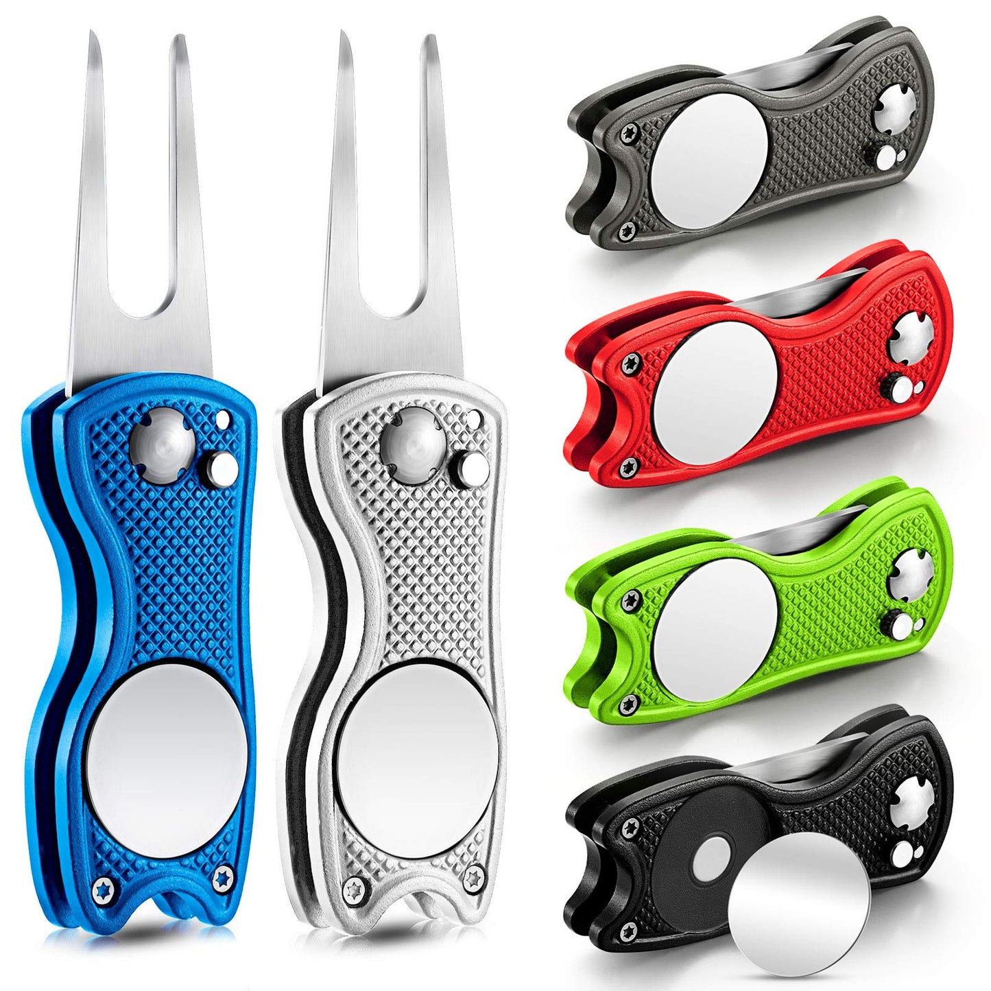 Skylety 6 Packs Golf Repair Tool Stainless Steel Foldable Golf Divot Tool Magnetic Button Ball Marker(Mixed Colors)