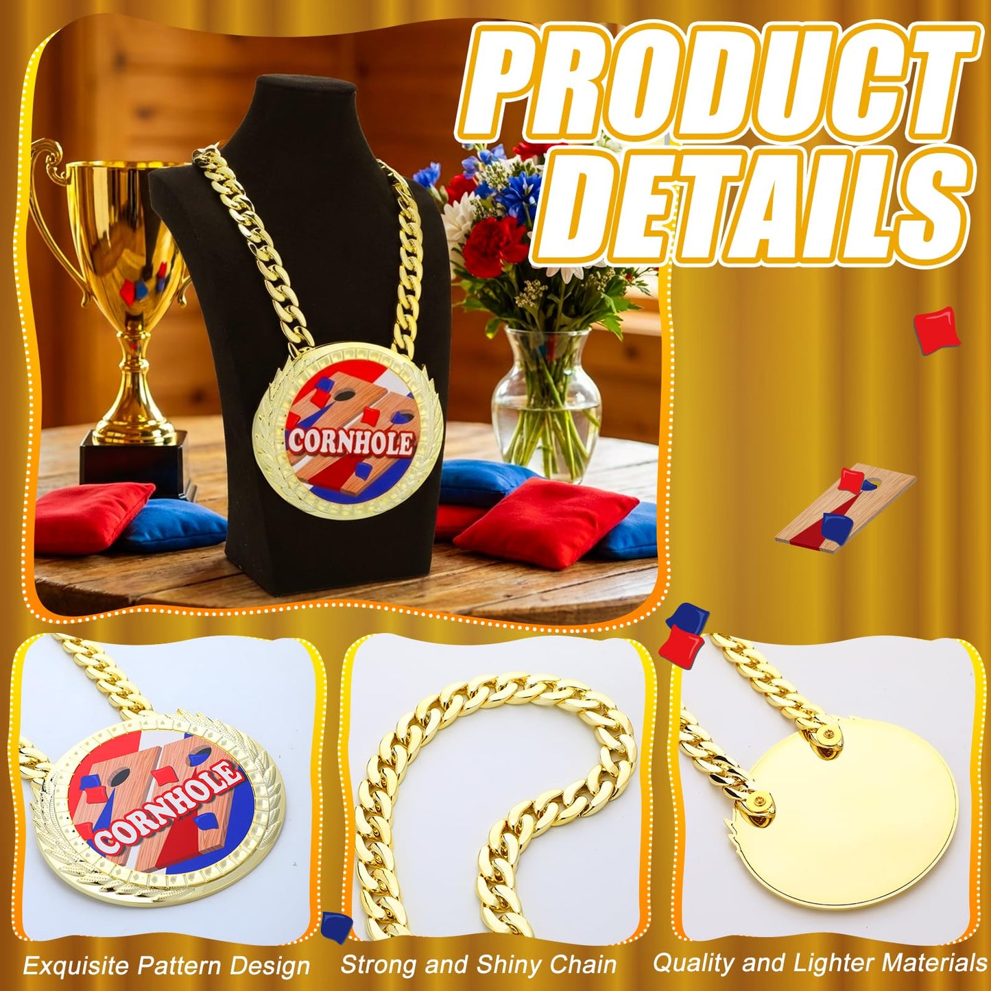 Tondiamo Sports MVP Turnover Chain Medal 6" Big Gold Champ Award Necklace Chain Baseball Basketball Football Soccer Softball Volleyball Competitions Prize Gifts Party Favors (Corn Hole)