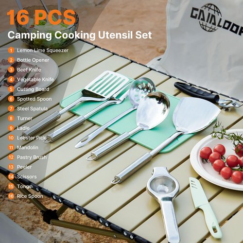 GAIALOOP Camping Cooking Utensils Set 16 PCS Camp Kitchen Cookware Kit with Organizer Bag, Portable RV Camping Essentials Camper Must Haves for Cookouts Open Fire Pit