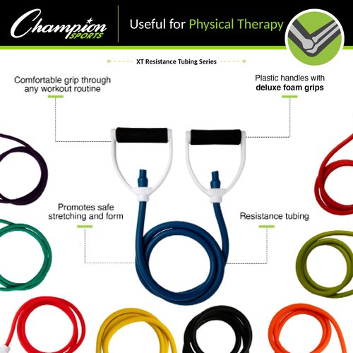 Champion Sports Resistance Tube Bands for Men and Women, Durable Stretch Fitness Band for Strength Training, Stretching, Rehabilitation- Premium Home Workout Equipment- 50 Lbs Resistance Tubing-Orange