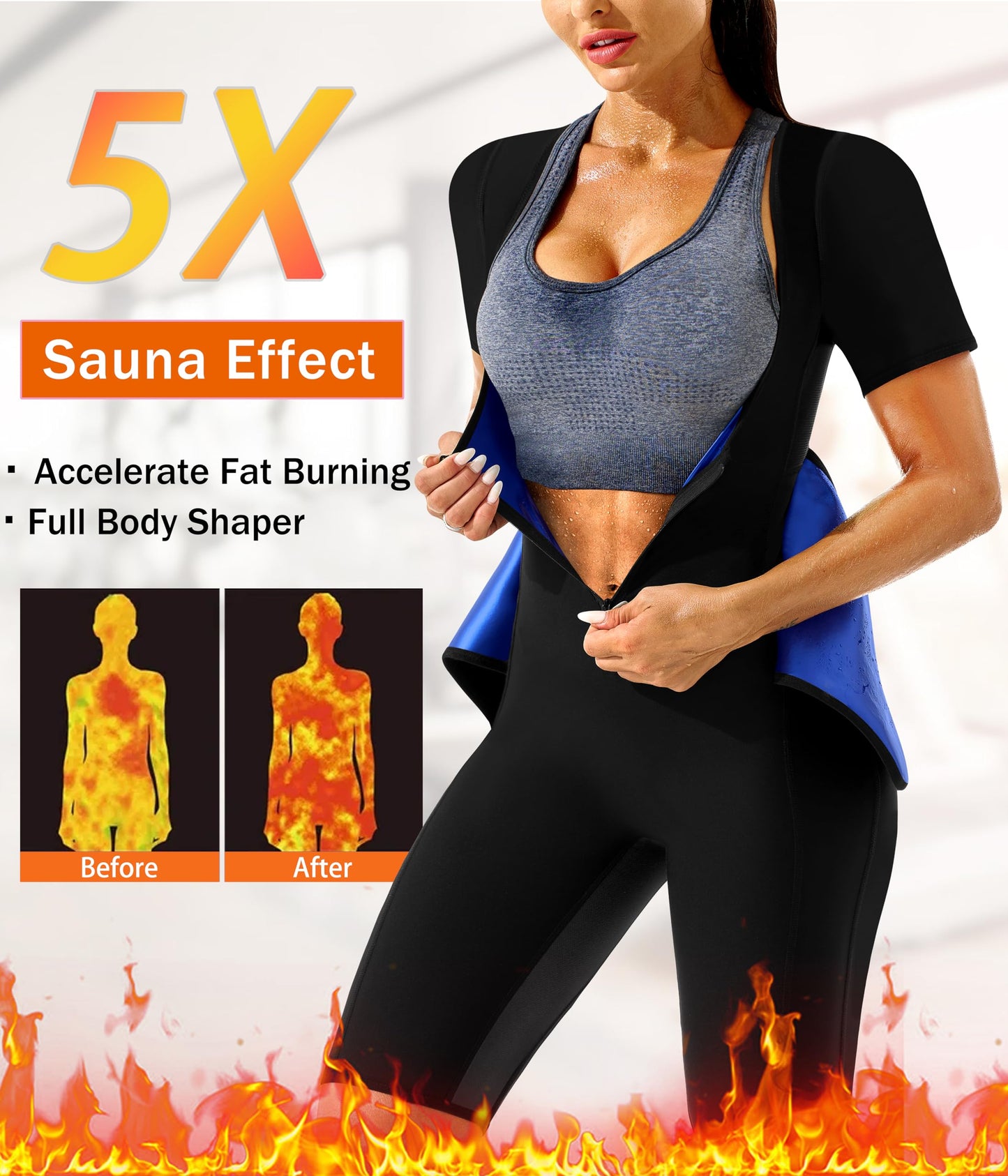 LMCOB Sauna Suit for Women Sweat Suit Waist Trainer for Weight Loss 4 IN 1 Slimming Full Body Shaper Sauna Jumpsuit Workout Vest with Shorts(BH70013-01-L)