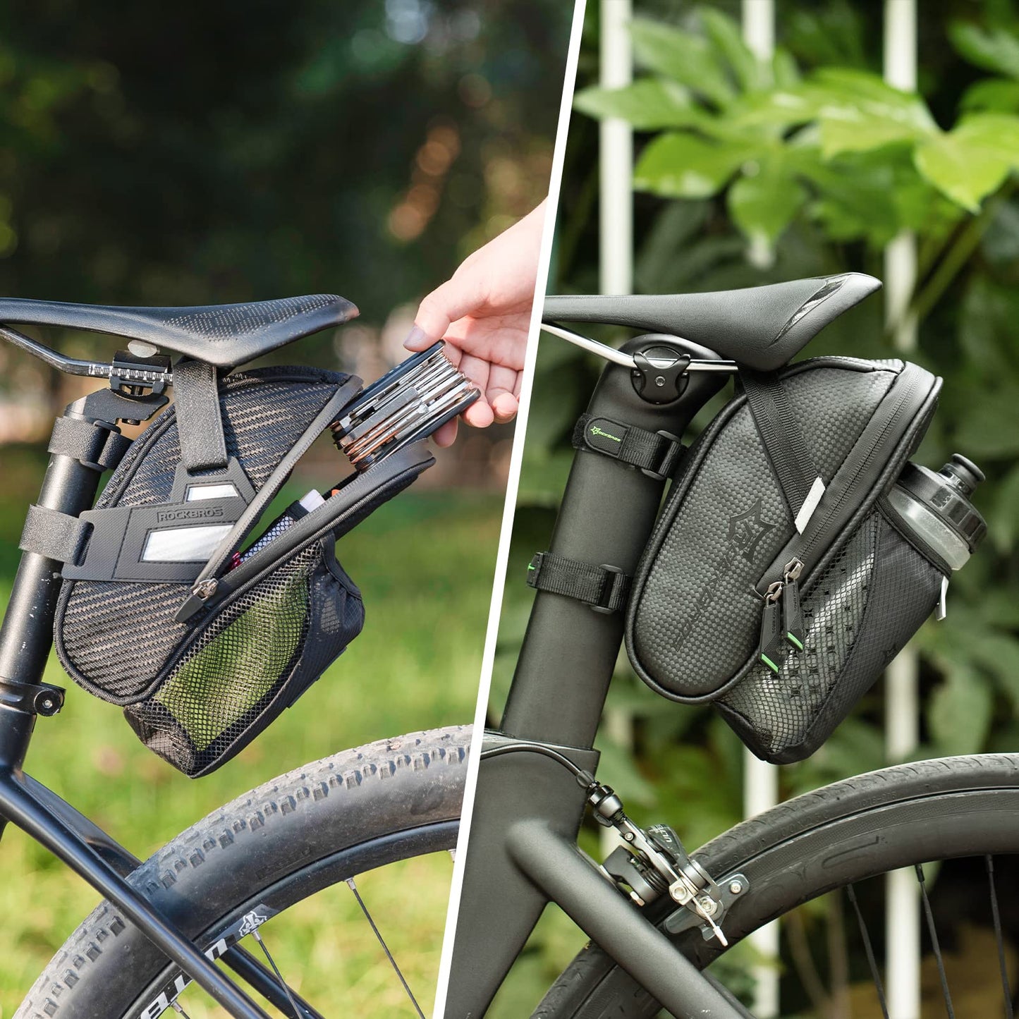 ROCKBROS Bike Saddle Bags with Water Bottle Pouch Waterproof Bike Bags Under Seat Pack for Mountain Road Saddle Bag Bicycles Storage Bag