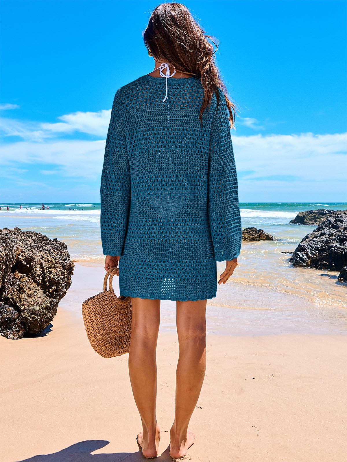 ANRABESS Women Swimsuit Crochet Swim Cover Up 2026 Summer Bathing Suit Swimwear Mesh Knit Beach Dress Vacation Outfits Cyan XX-Large