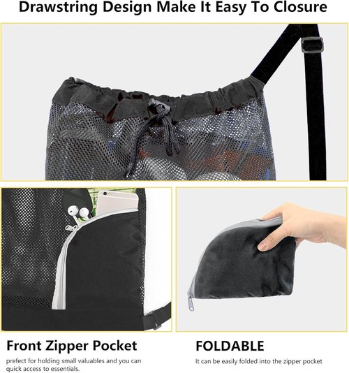 BeeGreen Mesh Drawstring Bag - Versatile Swim Backpack for Beach, Pool & Gym | Black Cinch Bag