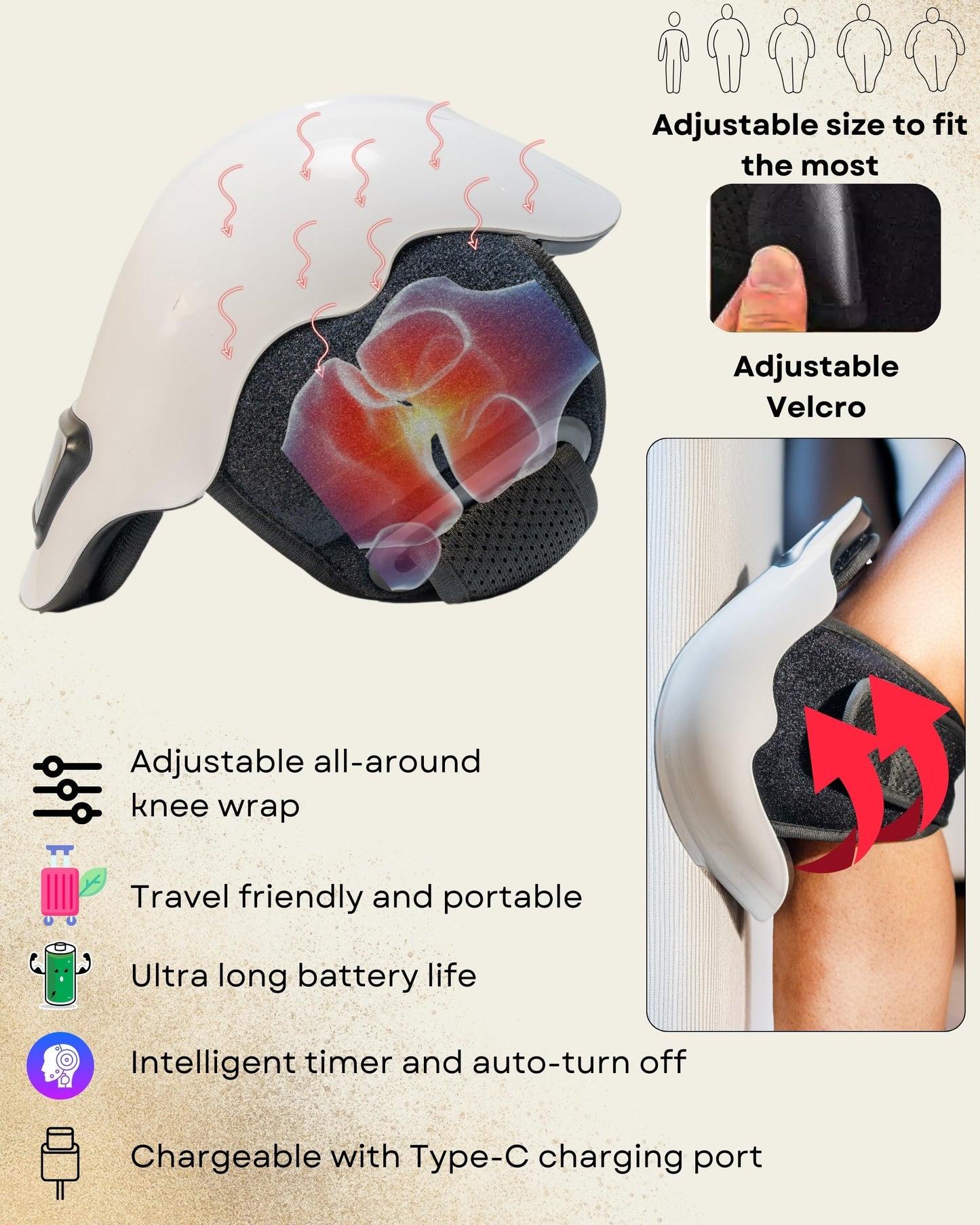JoyKnee Cordless Knee Massager with Heat & Red Light Therapy – Adjustable Heat & Vibration – Lightweight, Portable & Multi-Use for Knees, Shoulders & Elbows – Relaxing and Comfortable Design