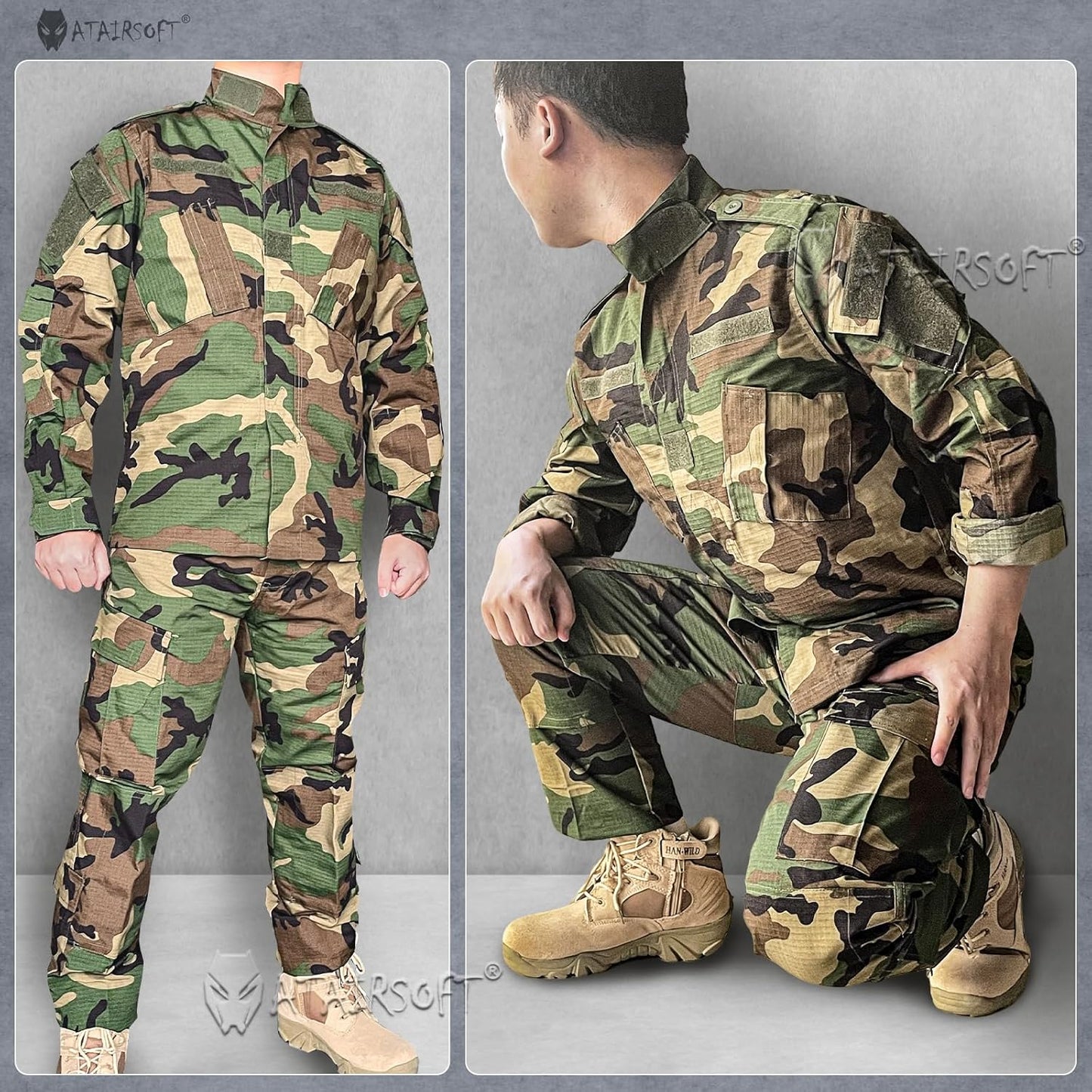 Skiennix Tactical Military Camo BDU Uniform Set - Combat Shirt & Pants for Outdoor Hunting