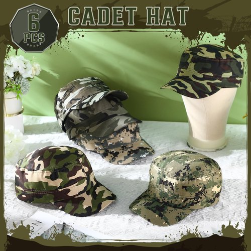 Eurzom 6 Pcs Military Style Hat Cadet Cap Army Basic Army Vintage Cap Adjustable Cotton Twill Flat Top Hats for Men Women (Camo)