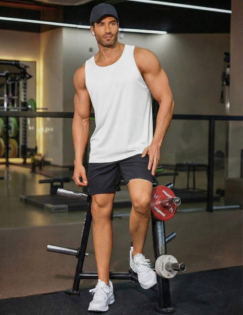 PINSPARK Athletic Tank Tops Men Gym Workout Sleeveless Muscle Shirts Quick Dry Breathable Training Bodybuilding Fitness Tee White