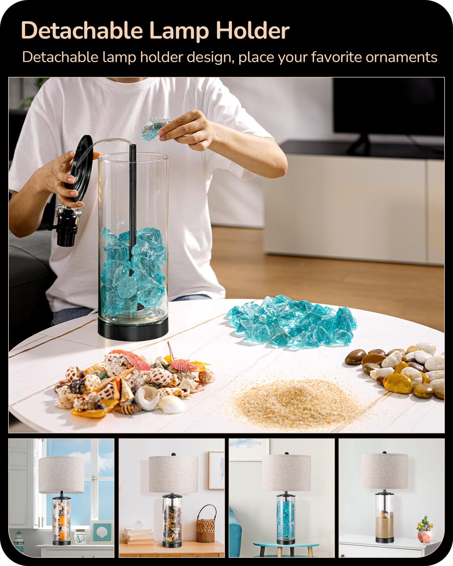 EDISHINE 23.6" Glass Table Lamp Set of 2, DIY Refillable Bedside Lamp with Linen Lampshade & Rotary Switch, E26 Base, Nightstand Light for Living Room, Bedroom, Office