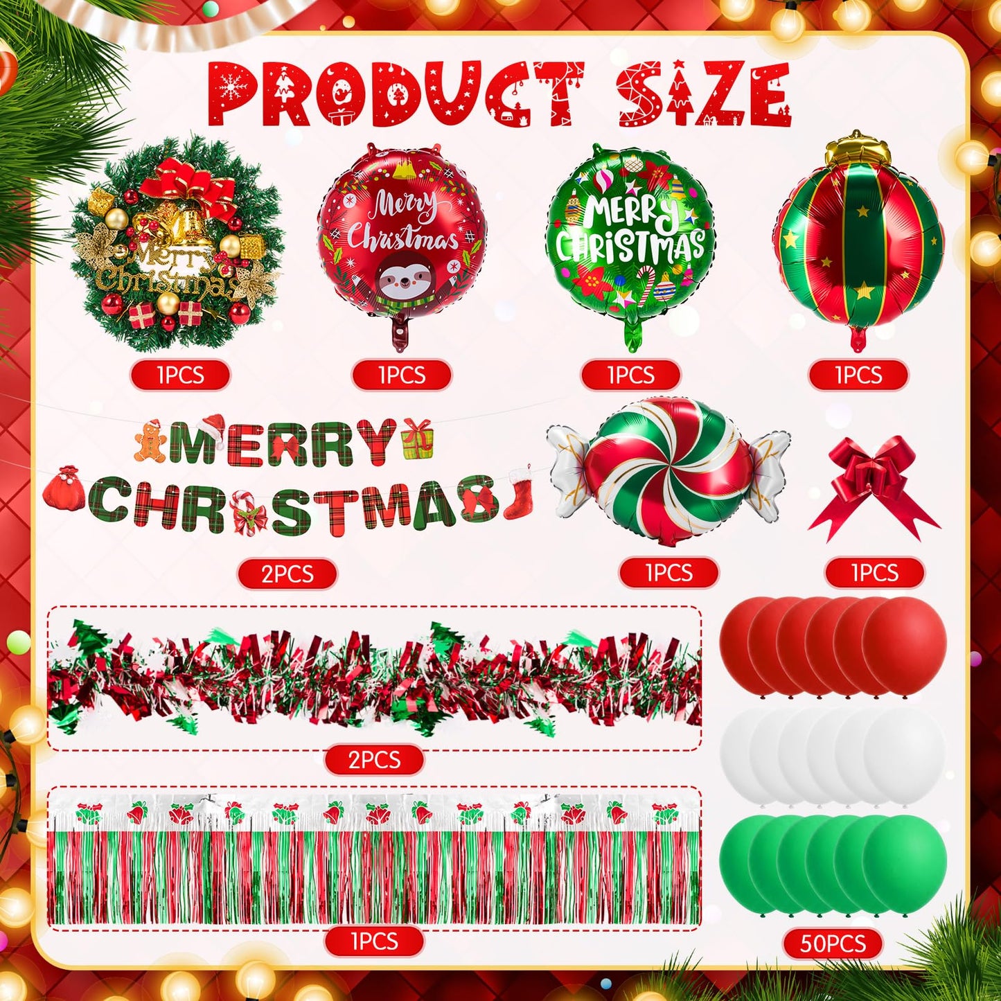 JolliLudo 68 Pcs Christmas Parade Golf Cart Decoration Kit with Red Green White Themed Tinsel Garland, Bows, Banner, Balloons and Stickers for Holiday Parade Party Supplies