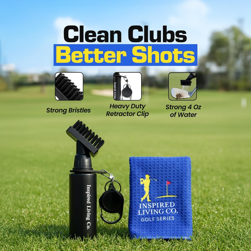 Inspired Living Co. Golf Club Cleaner Kit – Premium Golf Club Brush with Groove Cleaner & Microfiber Golf Towel – Golf Club Cleaning Kit for Men – Essential Golf Brush Tool & Golf Gift for Golfers