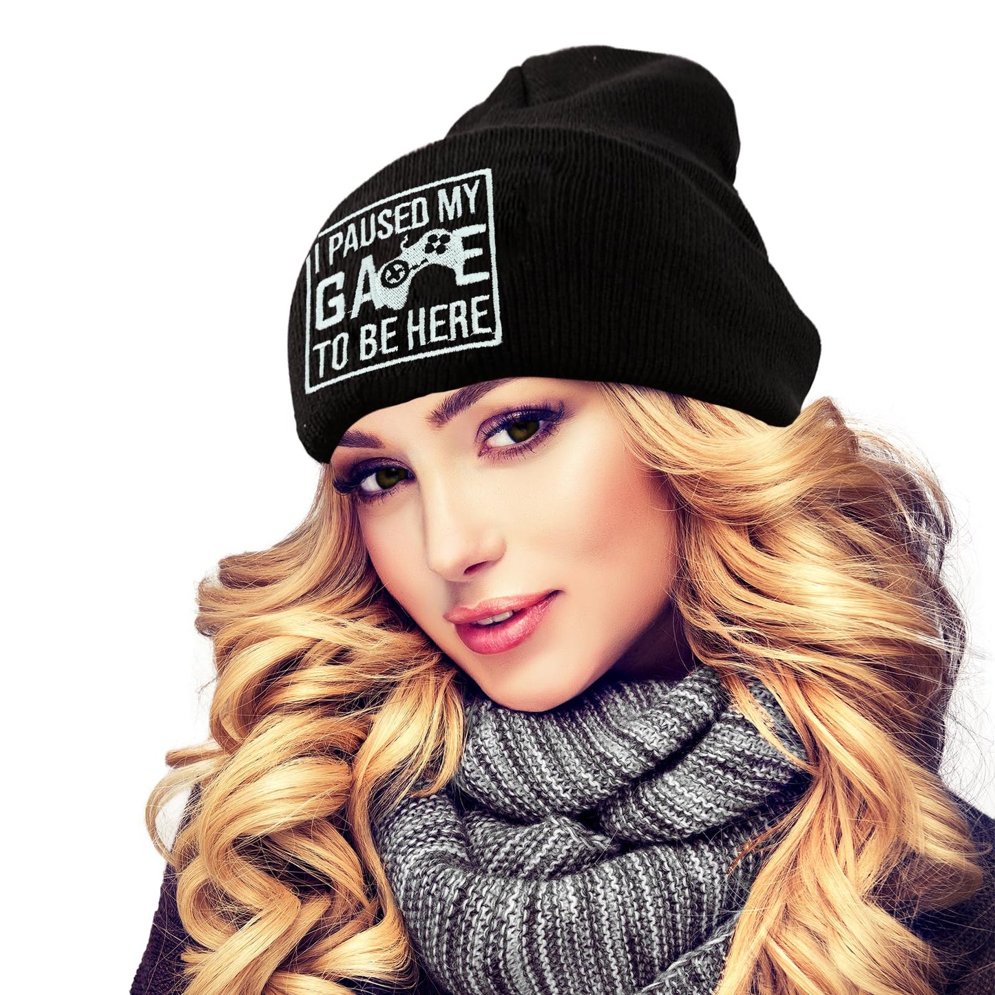 famliihw Video Game Controller Embroidery Beanie Hat Winter Warm Knit Cuffed Skull Cap for Women Men