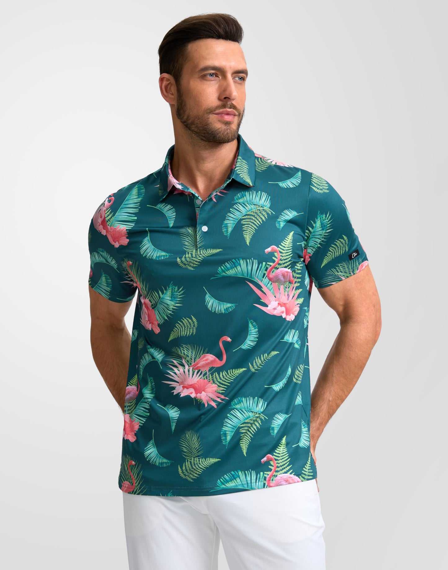 Obla Men's Print Golf Polo Shirts (Green Flamingo_L)