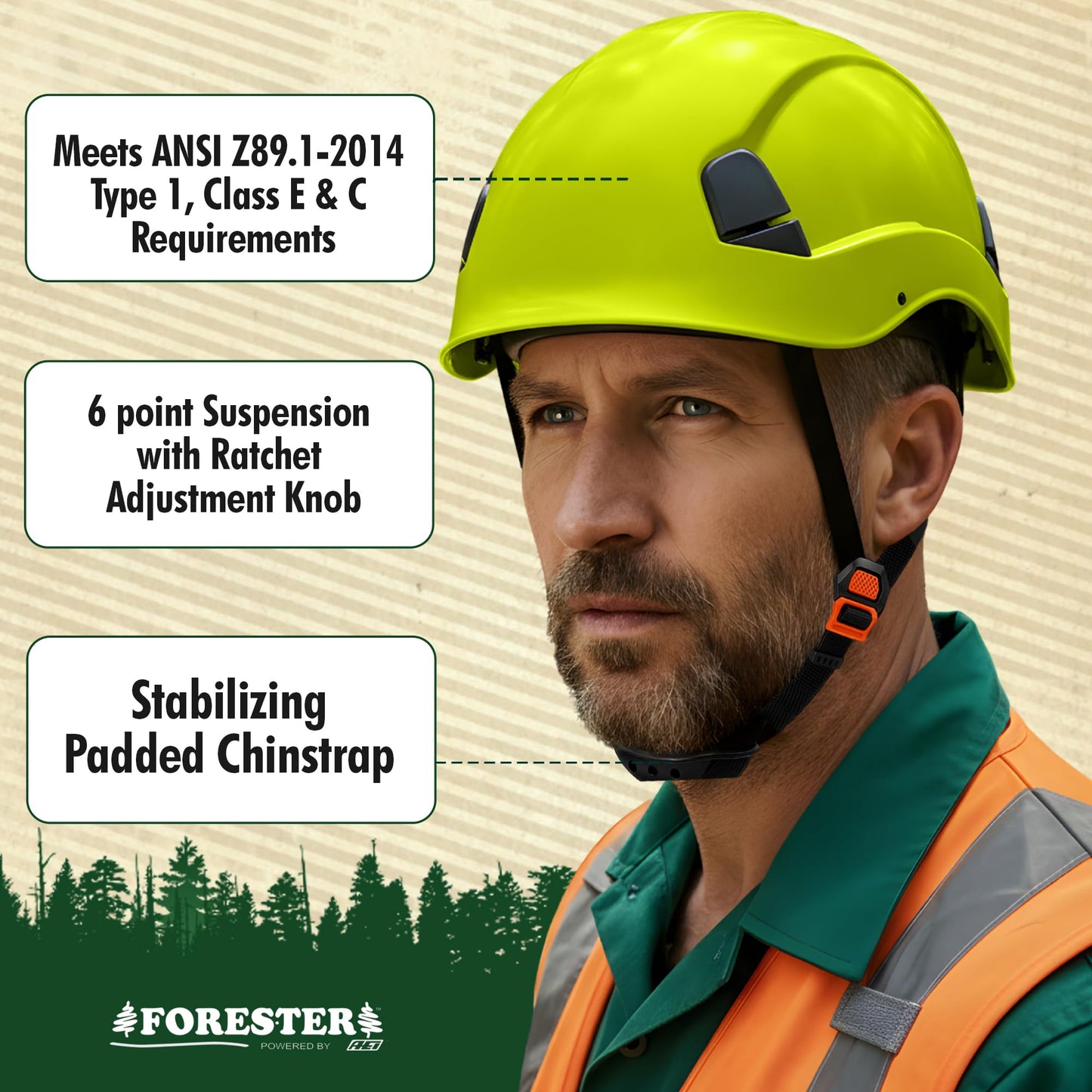 FORESTER Arborist Safety Helmet | ANSI Z89.1-2014 Certified, Class E & C | 6-Point Suspension Hard Hat | Forestry Helmet for Tree Climbing, Logging, Rescue | Green