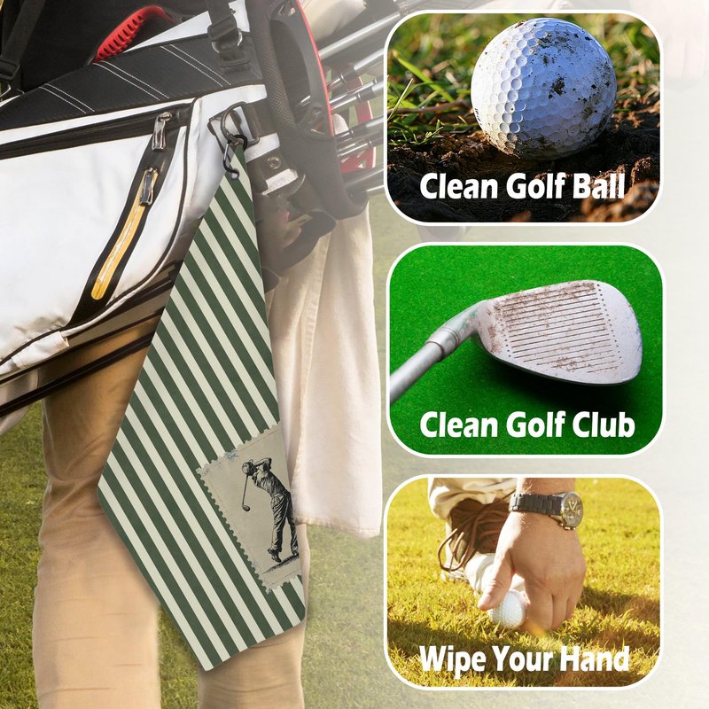 BCUANGD Vintage Golf Towel - Retro Green Stripe Golf Bag Accessories Towel, Trendy Preppy Disc Weave Waffle & Ball Towels with Carabiner Clip Birthady Gifts for Golfer Dad Grandpa Men, 16"x24"