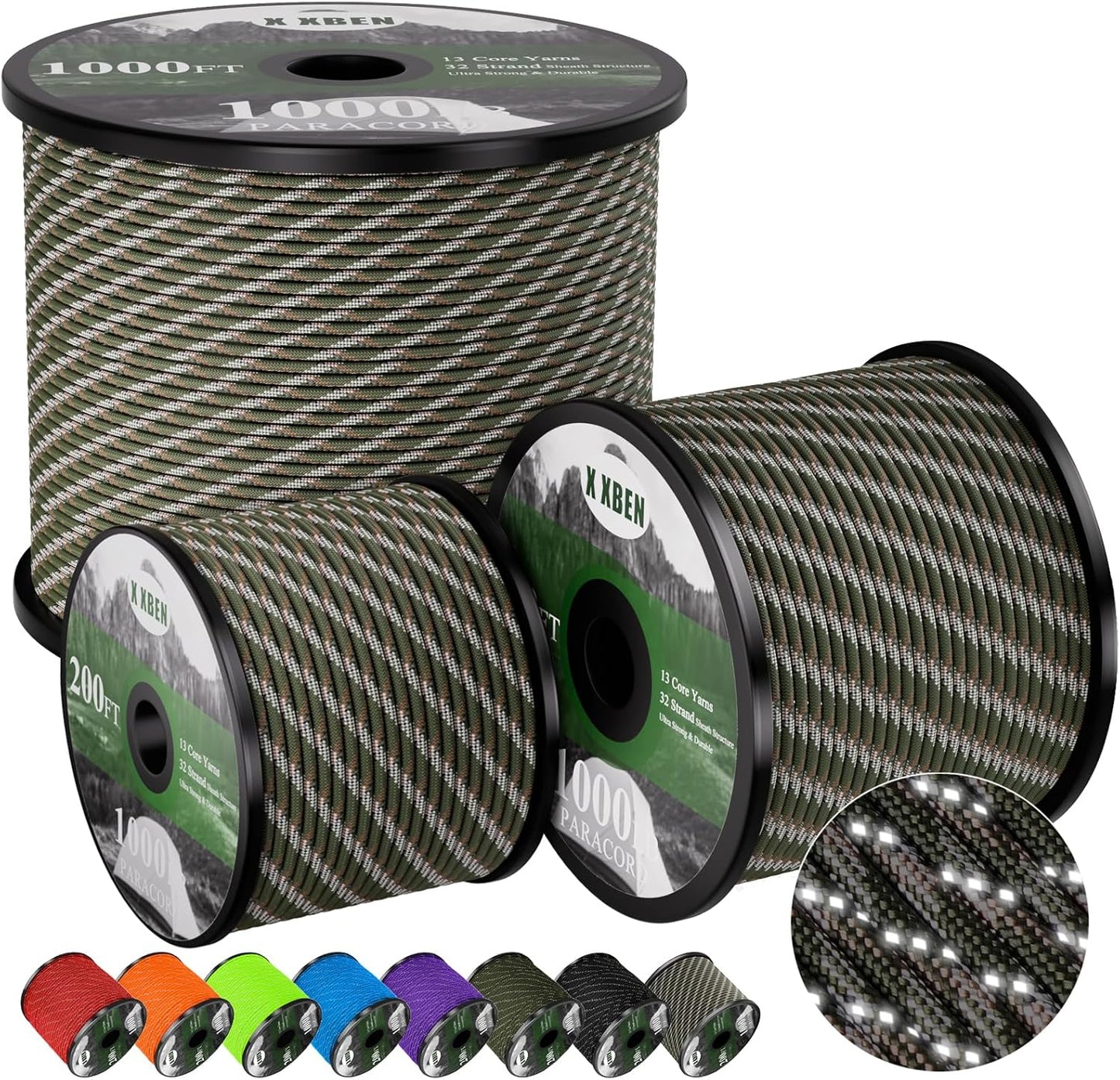 X XBEN Paracord Rope - Reflective 1000lb Strength | 50/100/200/500/1000ft Options, Forest Camo