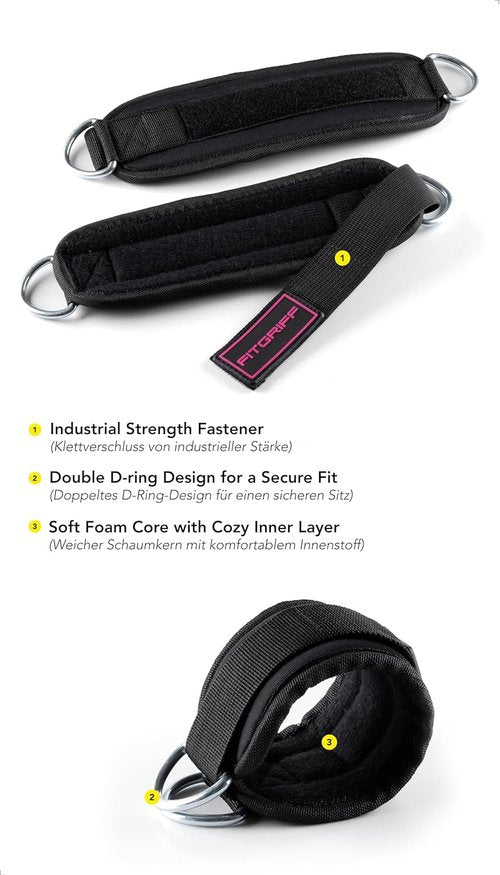 Fitgriff® Ankle Straps V3 - Leg Pulley Attachment for Cable Machines | 2-Piece Gym Workout Set