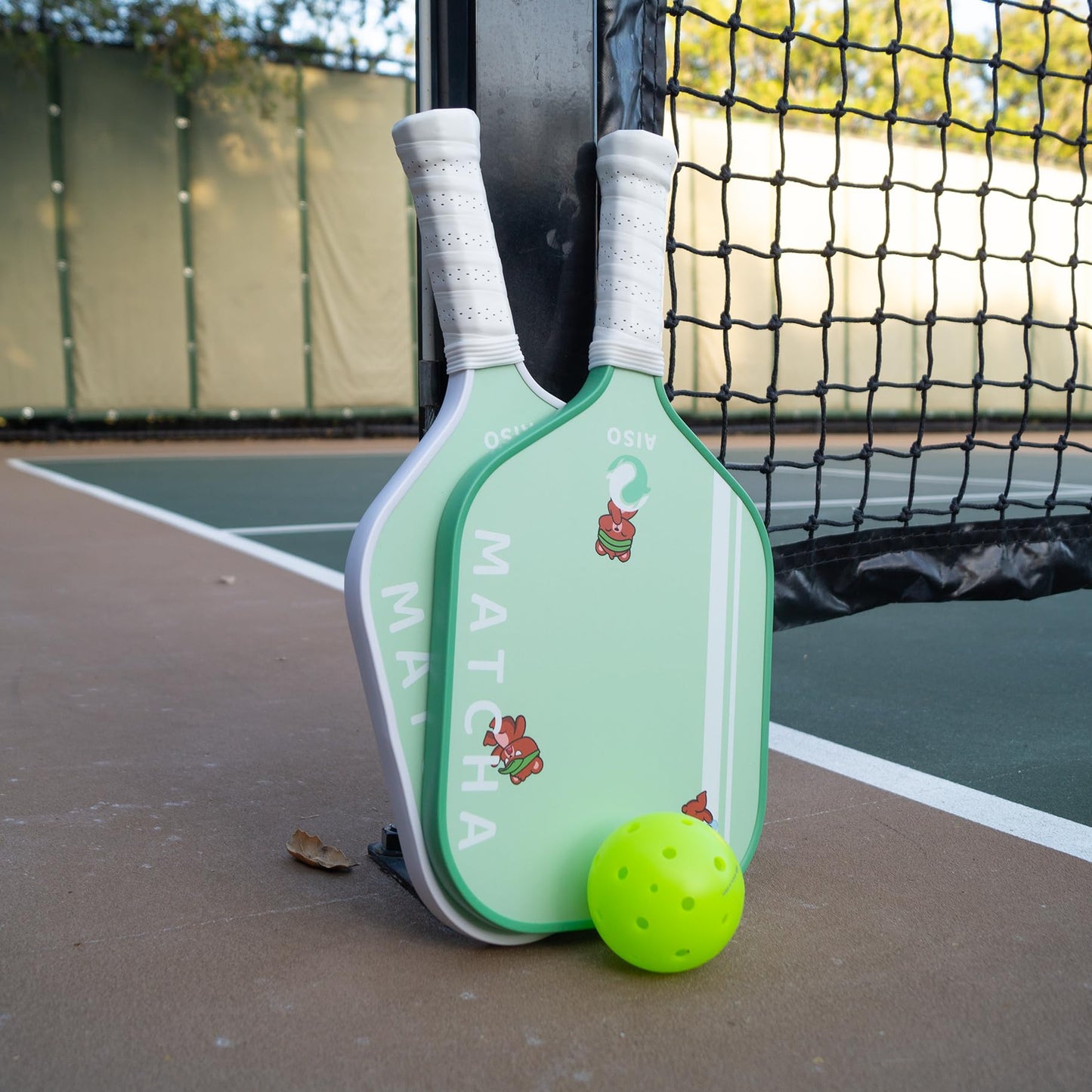 Aiso Matcha | Cute Pickleball Paddles Set of 2 | Premium Starter Set for Beginners with 4 Pickleballs and Portable Carry Bag | Lightweight & Durable Fiberglass with PP Honeycomb Core