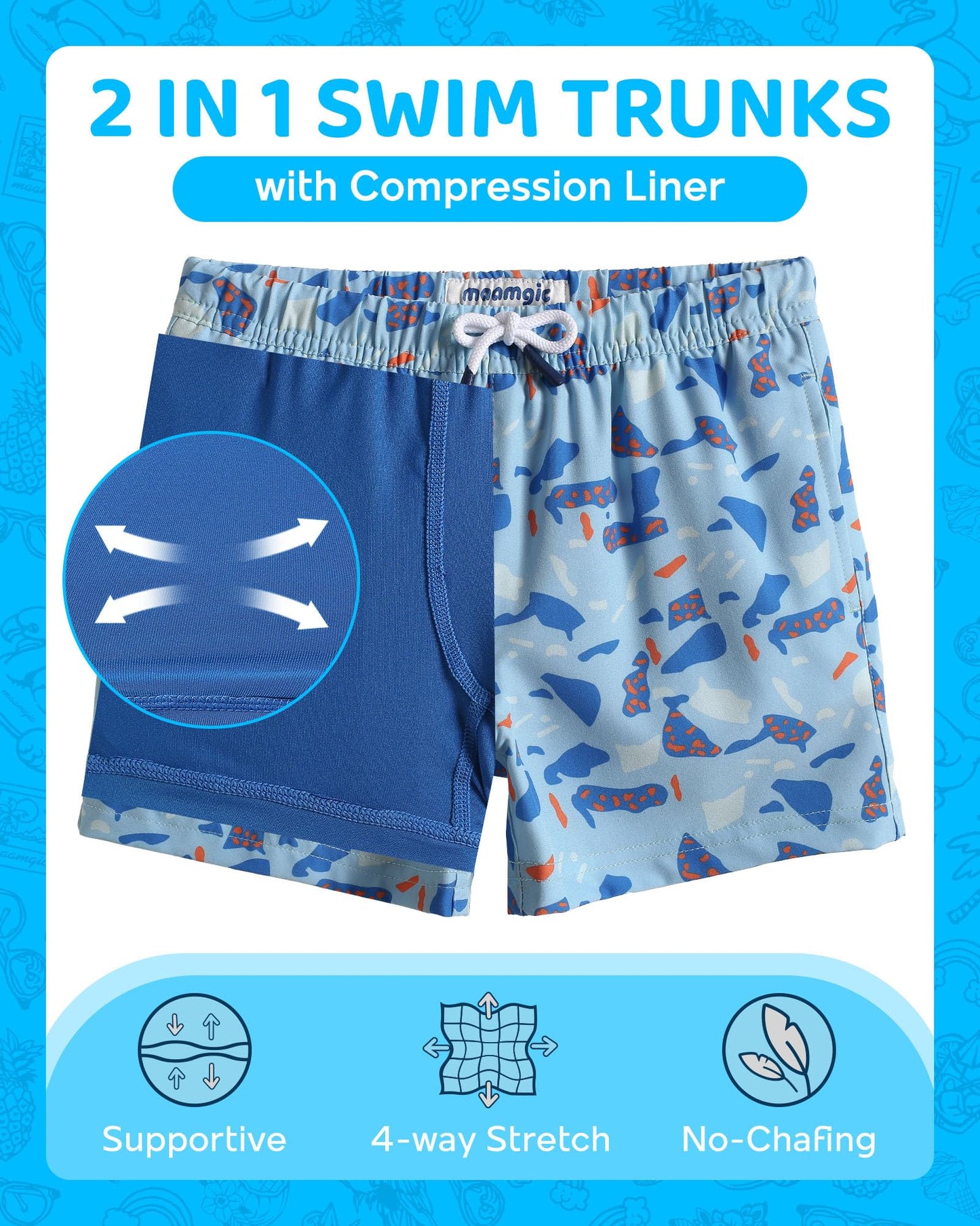 maamgic Boys Swim Trunks with Compression Liner Toddler Boy Swimsuit Quick Dry 4-Way Stretch Swimming Trunks Fragment Blue 2T