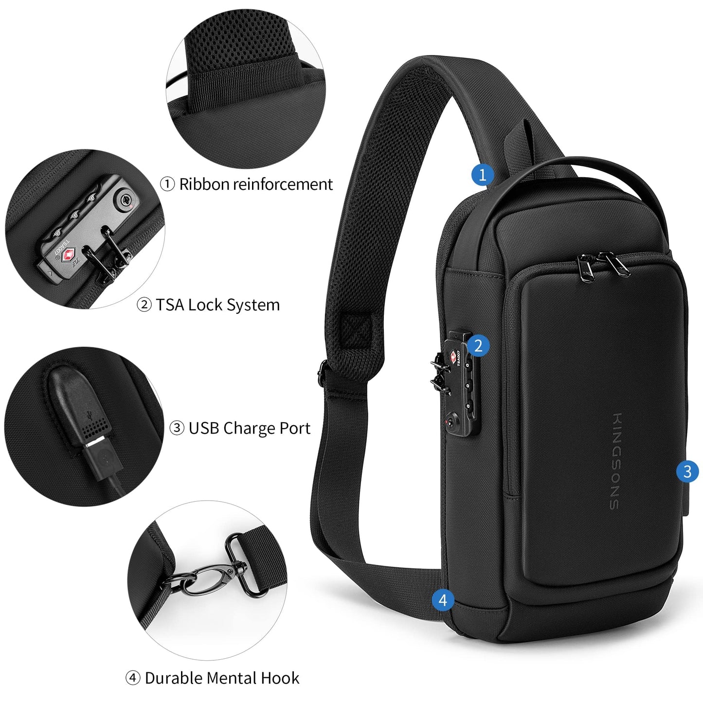 Kingsons Sling Crossbody Bag Anti-theft Chest Shoulder Backpack for Men Waterproof Minimalist Casual Daypack for Travel Gym