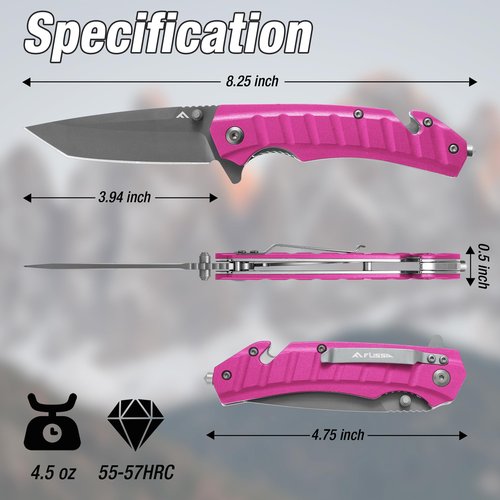 FLISSA Folding Pocket Knife, EDC Knife with Liner Lock, Tanto Blade, Pocket Clip, Glass Breaker, Seatbelt Cutter, Perfect for Outdoor, Camping(Pink)
