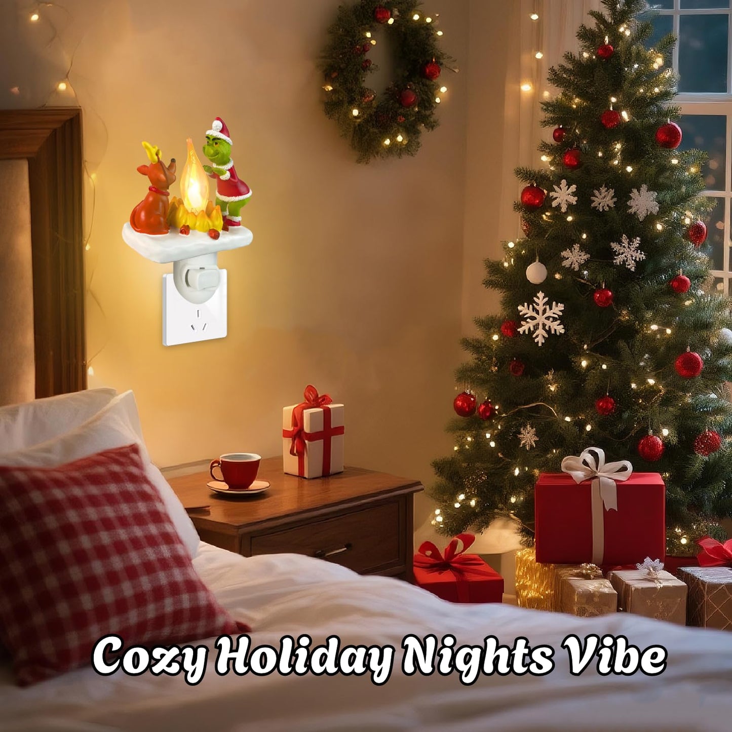 HFZCZW 2025 Christmas Night Light, Christmas Green Monster Campfire Nightlight, Eve Campfire Flickering Night Light Gifts for Family, Plug-in