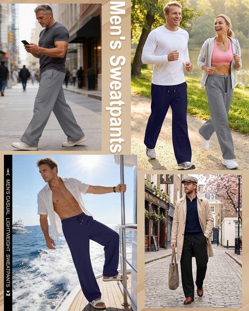 Neer 3 Pack Men's Sweatpants Lightweight Athletic Drawstring Open Bottom Pants Workout Running Lounge Pants with Pocket(Black, Dark Mixed Gray, Navy Blue,Large)
