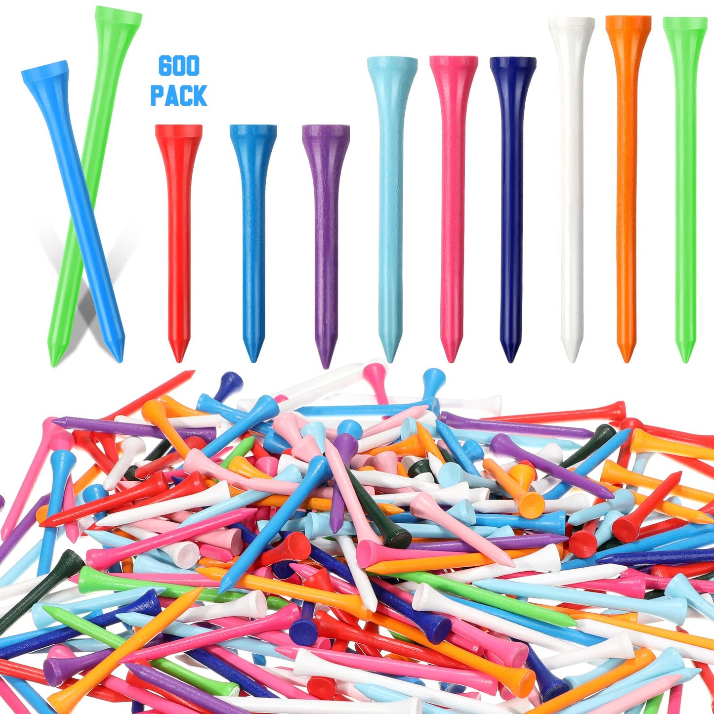 Mudder 600 Pack Golf Tees Bulk Wooden Bamboo Golf Tees Multicolor Wood for Men Balls Accessories (3-1/4,2-3/4,2-1/8 Inch,Bright Colors)