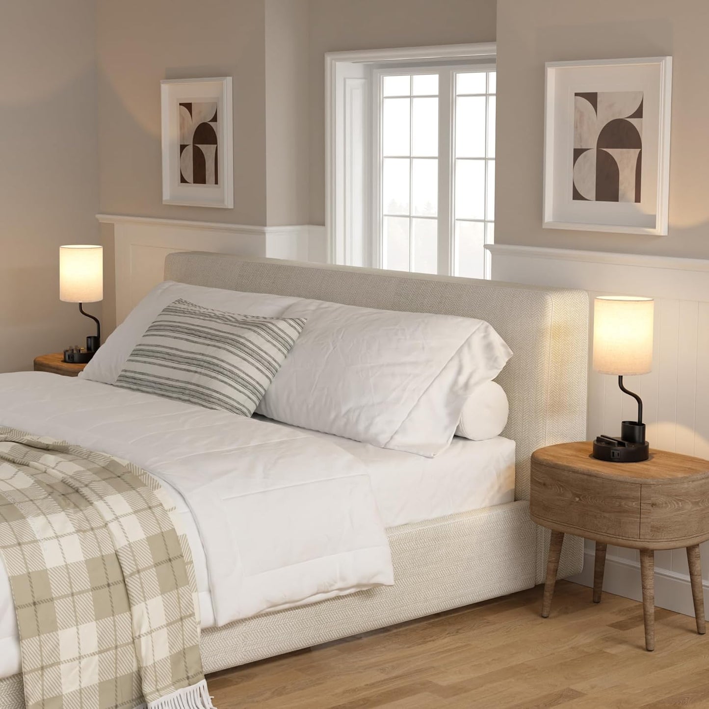 Set of 2 Bedside Table Lamps with USB & AC Outlet - 3 Color Temperatures, Desk Light & Phone Stand for Bedroom, Living Room, Office