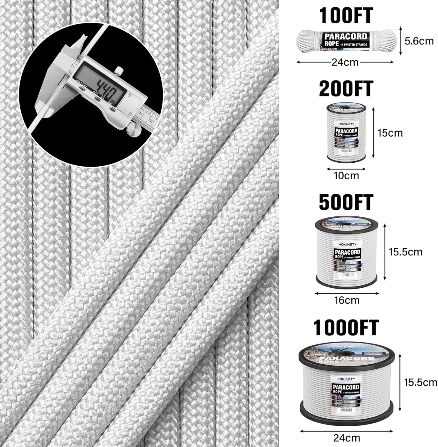 1200 Paracord Rope - 4.4mm 14 Strand Nylon Parachute Cord for Outdoor Camping & DIY Projects | 100FT White