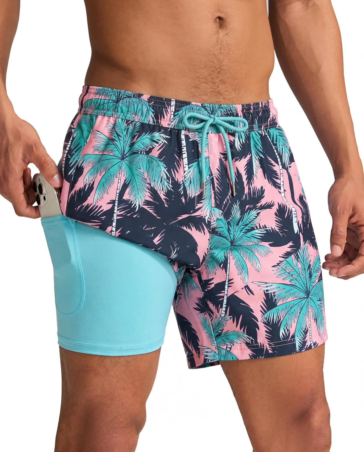 maamgic Mens Swim Trunks with Compression Liner 5 Inch, Quick Dry Bathing Suit with Zipper Pockets, Stretch No-Chafing Swim Shorts, Pink- Black Palm Large