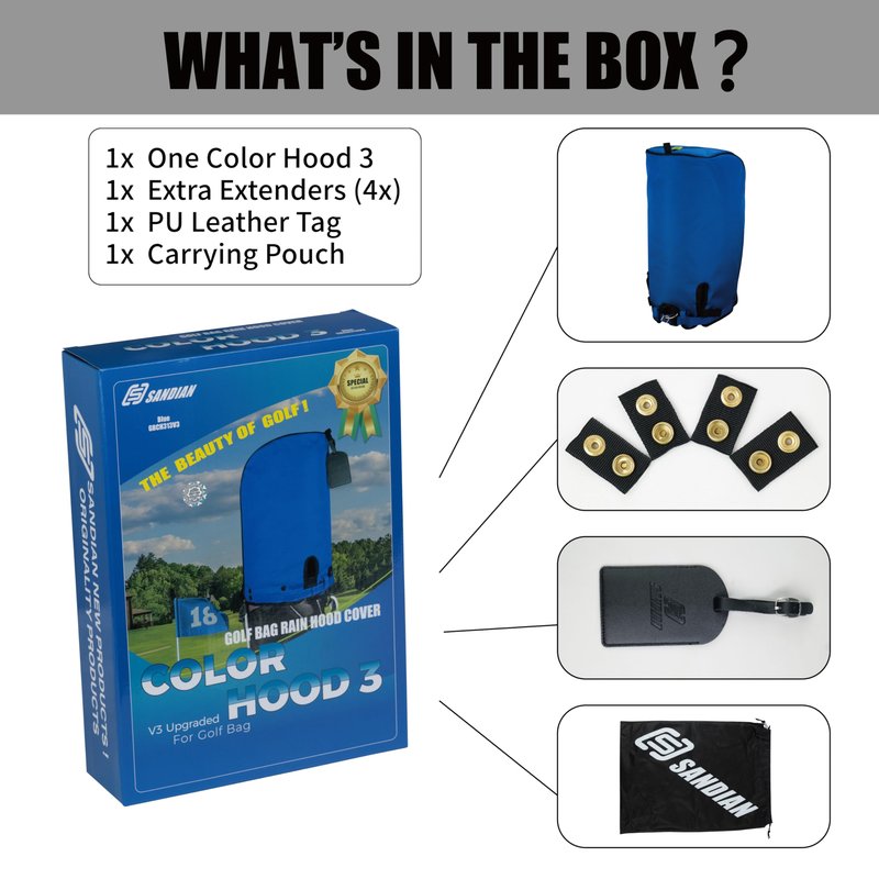 SANDIAN, Blue Color, Golf Bag Rain Hood Cover, Waterproof 1260D Oxford Polyester, 12x20 Inches, Padded Protection, PU Coated, Two Sided Zipper, Adjustable Buckle Lock Fasteners, Snap Button Locking