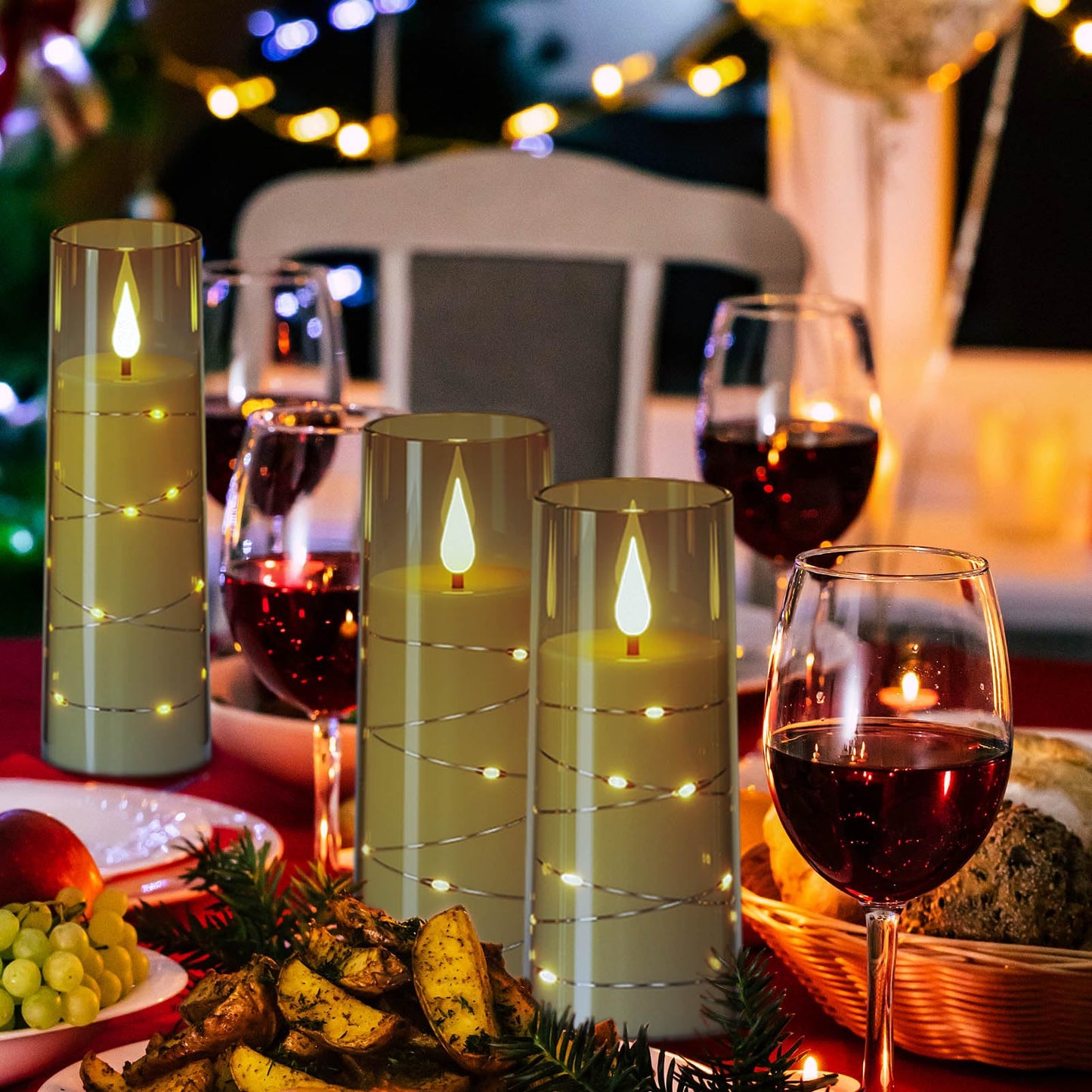 GenSwin Flickering Flameless Candles with Remote Timer, 5 Pack Battery Operated Candles with Embedded Star String, Black LED Battery Candles for Halloween Christmas Wedding Decor(D2.3” x H5”5”6”7”8”)