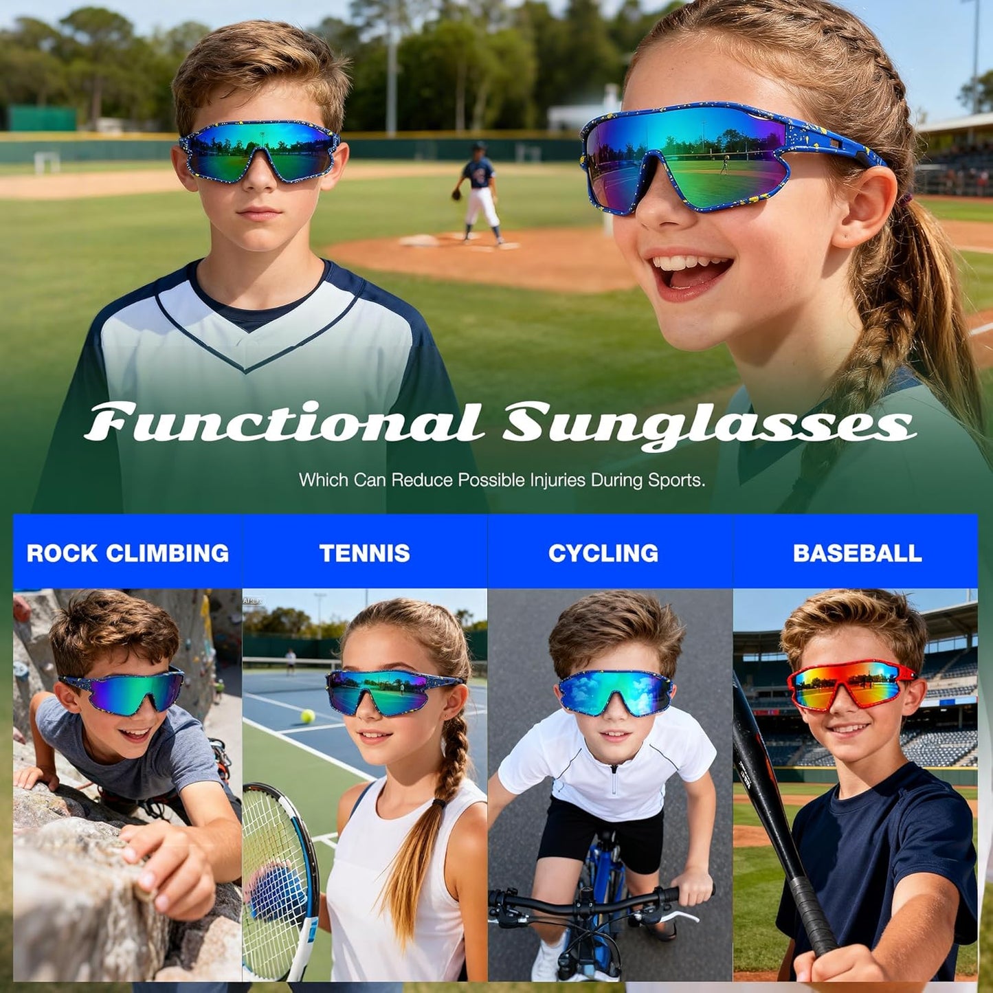 Skiennix Unisex Youth Cycling Sunglasses - UV400 Wraparound Baseball Shades for Outdoor & Indoor Sports