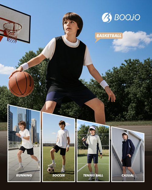 BOOJO 5 Pack Athletic Basketball Boys Shorts - Black Quick Dry Kids Youth Teen Shorts with Pockets for Soccer Running