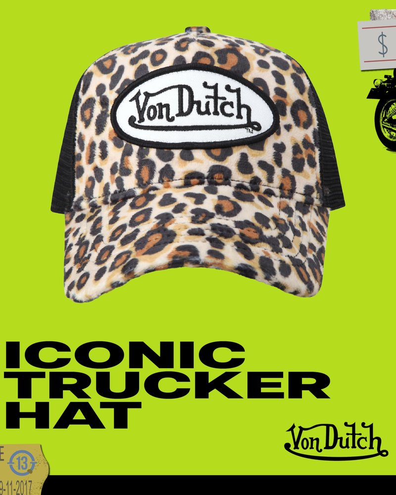 Von Dutch Unisex Trucker Hat - Velvet Curved Bill Mesh Back Retro Classic Adjustable Snapback Baseball Cap for Men and Women, Size One Size, Natural Leopard