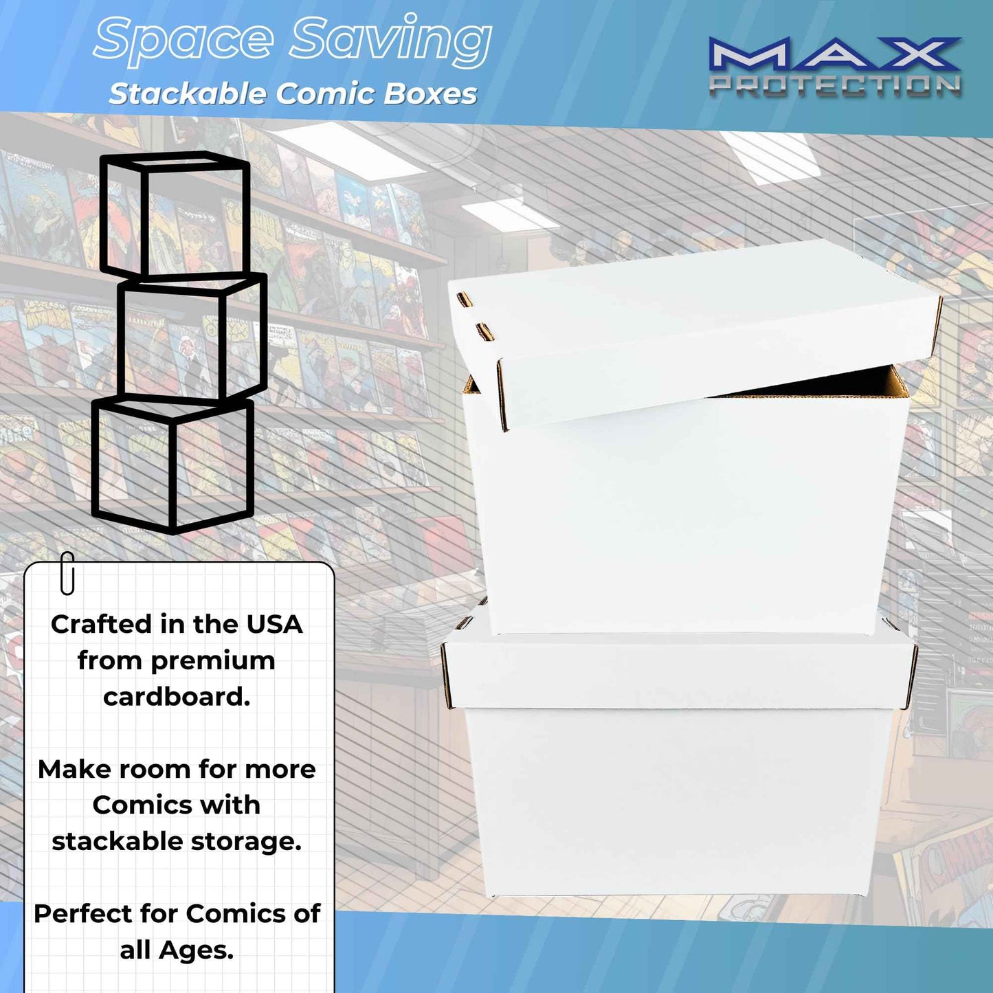 Max Pro Comic Book Storage Boxes - Short Cardboard White Case for 150-175 Comic Books - Double Thickness Design - Premium Stackable Book Box for Silver Age & Modern Comics (Pack of 3)