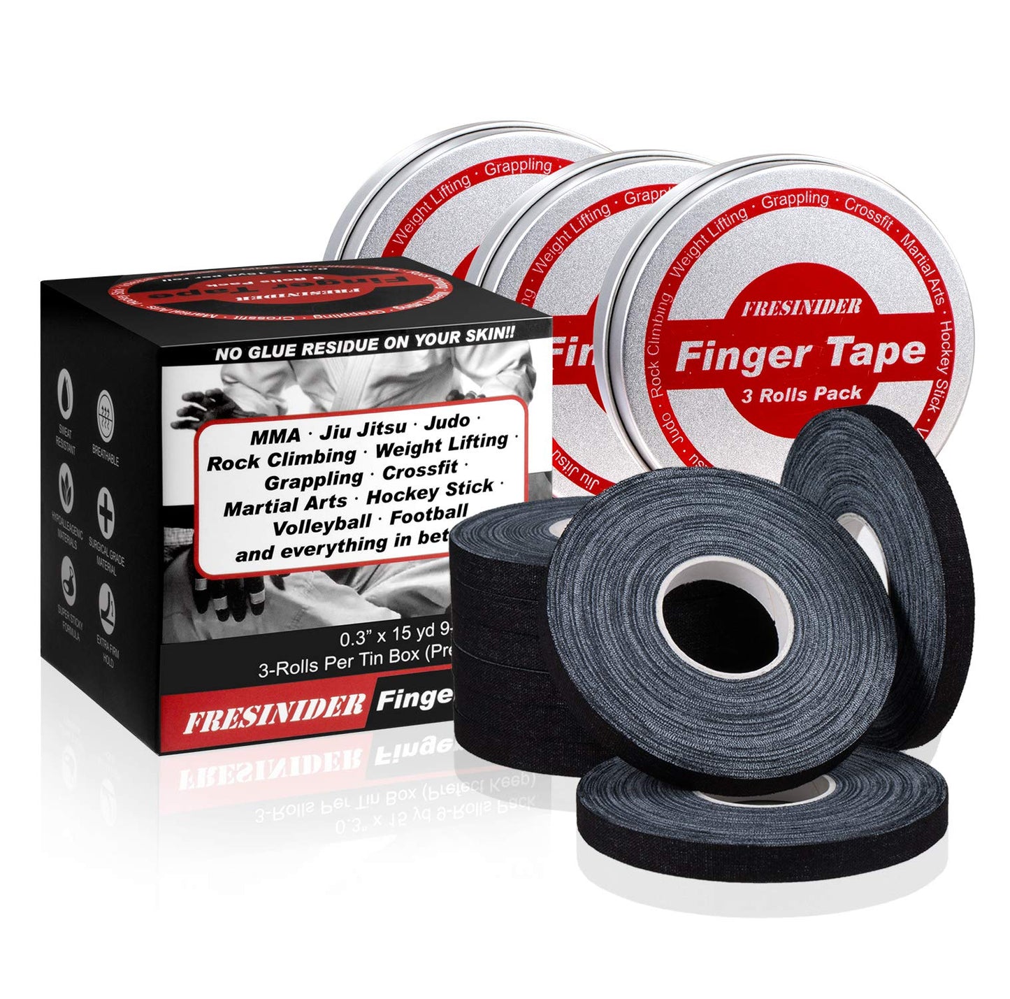 Finger Tape - Strong Athletic Tape | 0.3” x 45 Feet (9 Pack) Tin Set | No Sticky Residue | for Rock Climbing, BJJ Jiu Jitsu, Grappling, Judo, MMA, Rock Climbing and Martial Arts (Black)