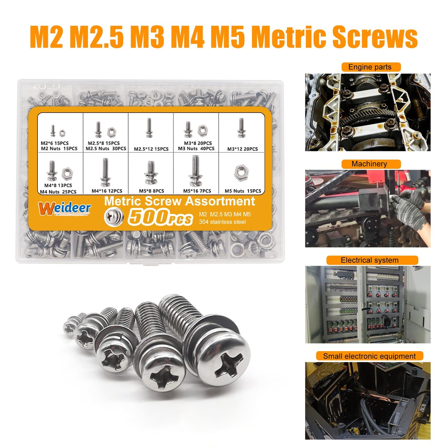 weideer 500Pcs Nut and Bolt Assortment Kit,M2 M2.5 M3 M4 M5 Machine Screws, 304 Stainless Steel Combination Screws for Electronics,Motorcycle,DIY Projects K-188