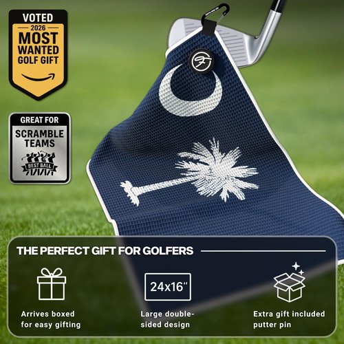 Fore Supply Golf Towel with Magnet - Premium Absorbent Microfiber Towel with Clip - 24"x16" - for Cart, Club or Bag - Golf Rag, Accessories & Golfing Gear - Waffle Weave Pattern (South Carolina)