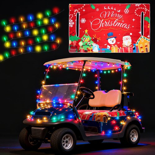 Aulock 2pcs Golf Cart Christmas Decorations – Includes 33ft Christmas Lights and Seat Cover, Golf Cart Accessories