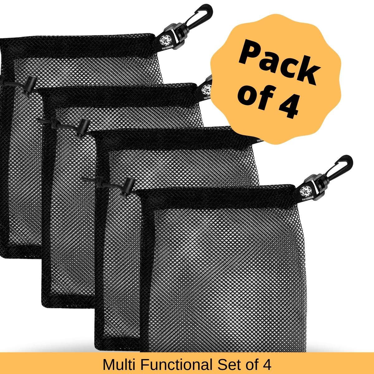 PALTERWEAR Small Mesh Bag with Clip and Toggle Closure (Set of 4, Black, 7 x 9 Inch) for Watersports Trekking Sailing